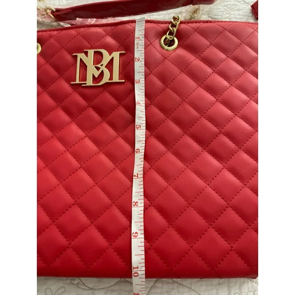 Badgley Mischka Vegan Leather Quilted Red Chain Strap Tote Bag With Gold Accents